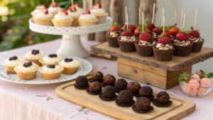 A dessert table featuring mini cupcakes, brownie bites, fruit skewers, chocolate truffles, and cheesecake balls, elegantly arranged on a wooden tray