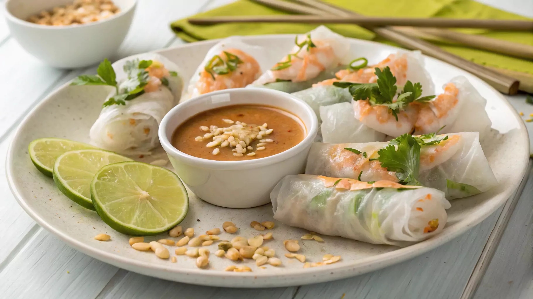 A plate of fresh shrimp spring rolls arranged around a small bowl of creamy peanut dipping sauce, garnished with lime wedges