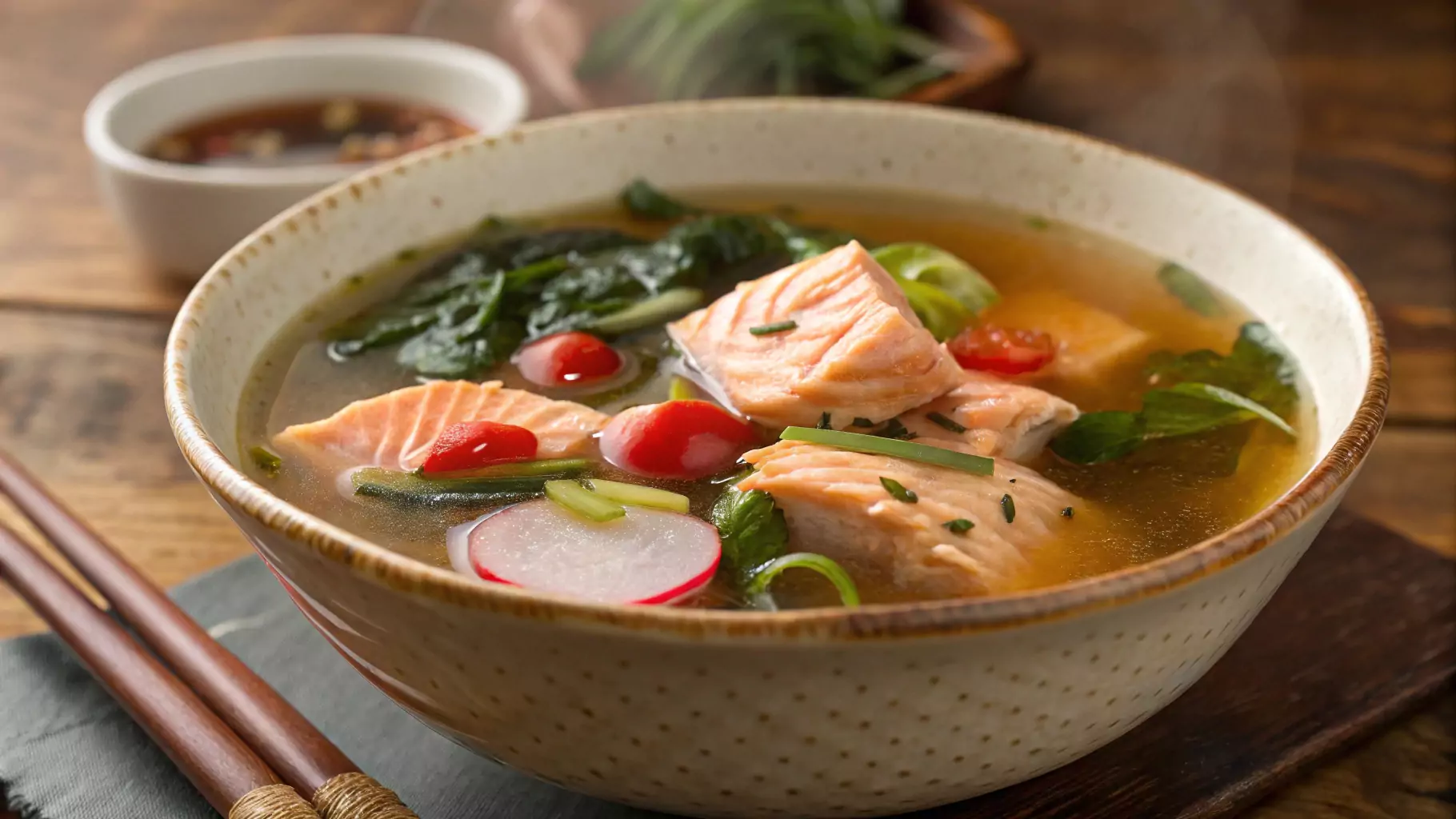 A Steaming Bowl of Salmon Belly Soup with Fresh Vegetables and Herbs