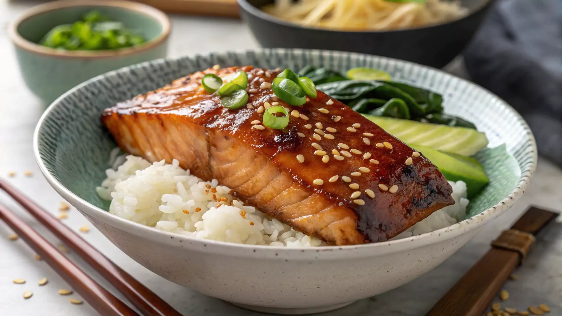 Glazed Salmon Belly Teriyaki with Steamed Rice and Sesame Garnish