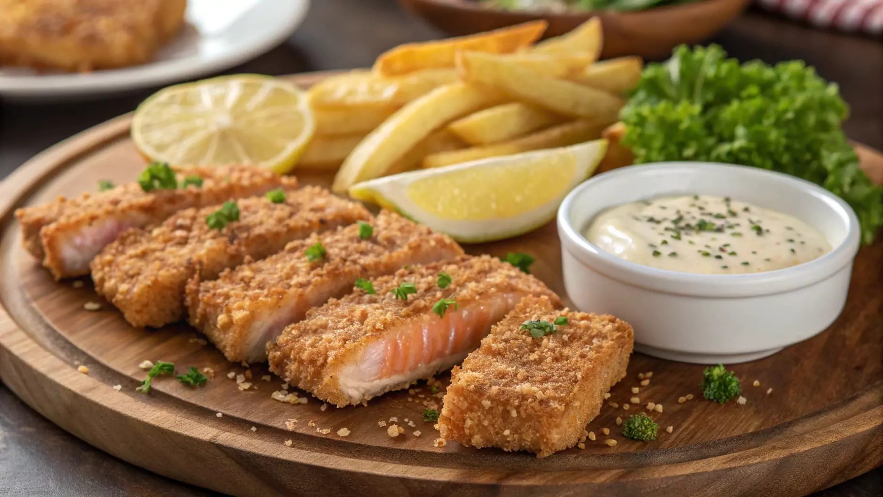 Golden Crispy Fried Salmon Belly with Dipping Sauce and Garnishes