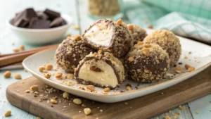 A plate of assorted cheesecake balls coated in graham crackers, chocolate sprinkles, and nuts, with one cut open to reveal its creamy filling.