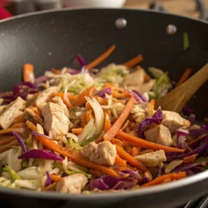 Sautéing chicken and vegetable filling for spring rolls.