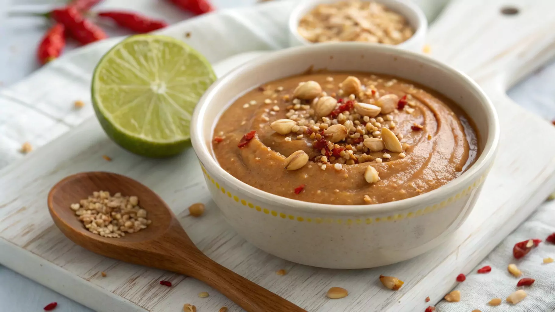 A small bowl of creamy peanut sauce, topped with crushed peanuts and a drizzle of sesame oil