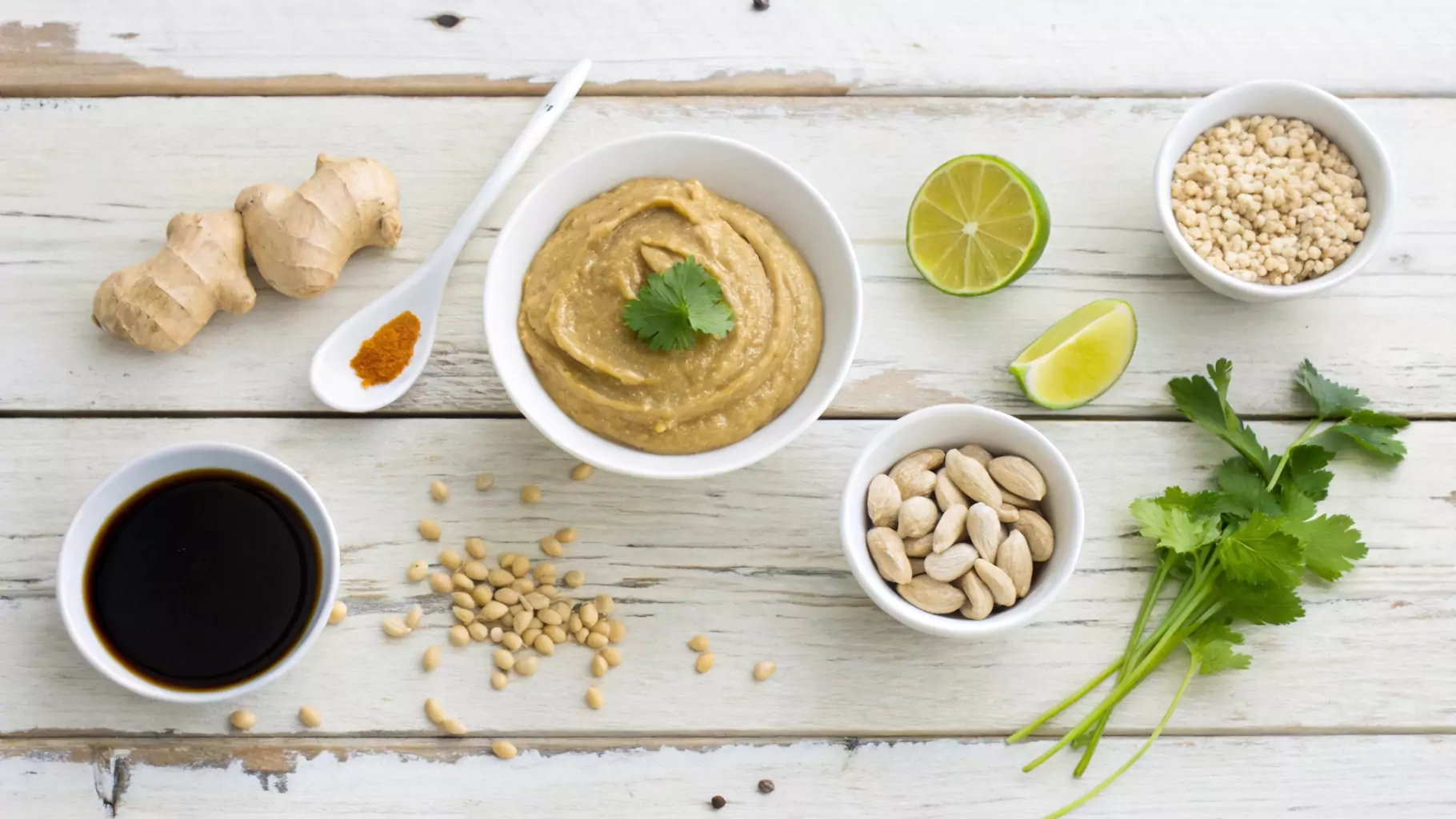 Ingredients for peanut dipping sauce: peanut butter, soy sauce, hoisin sauce, garlic, ginger, lime wedges, and crushed peanuts on a wooden surface