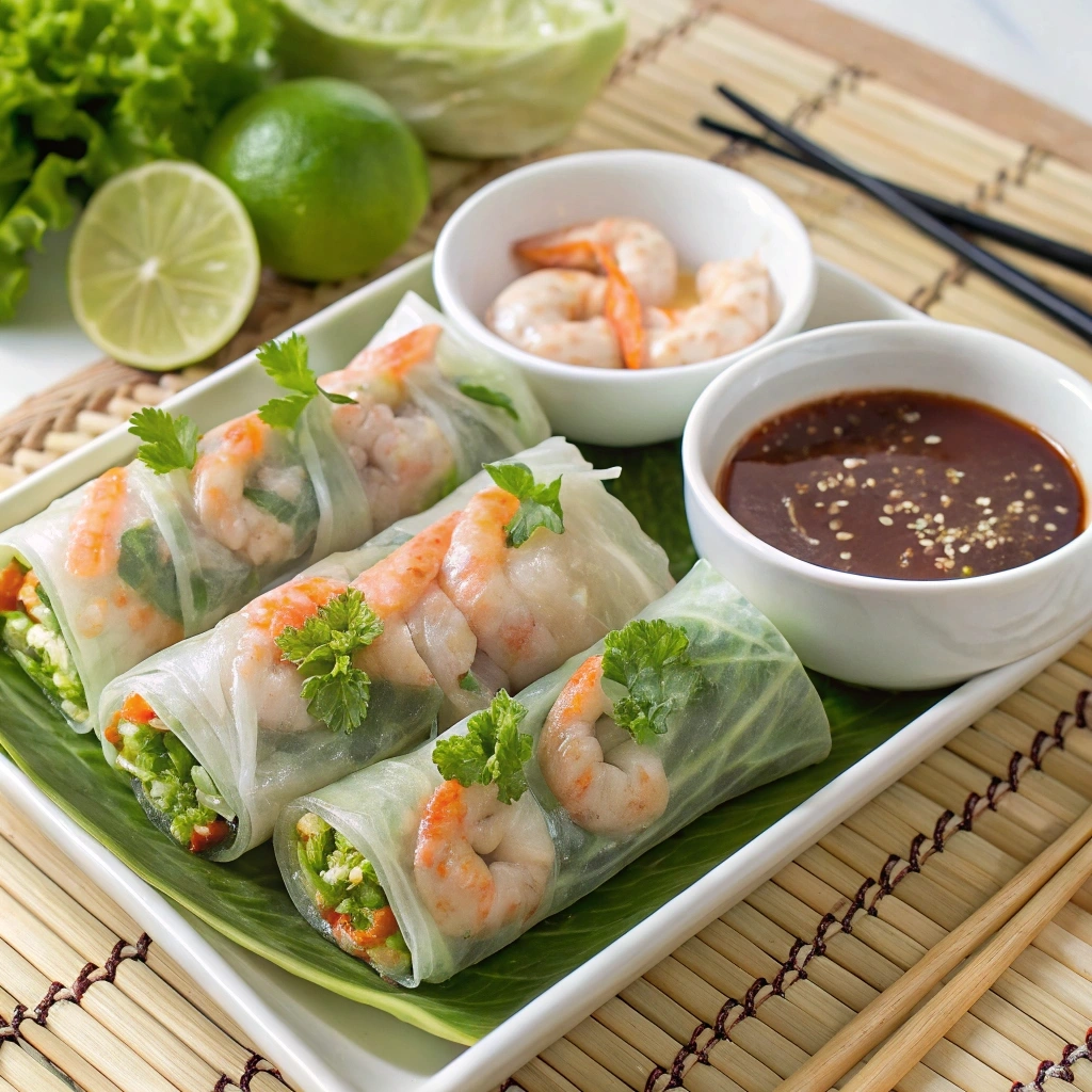 Shrimp spring rolls served with dipping sauces and garnishes