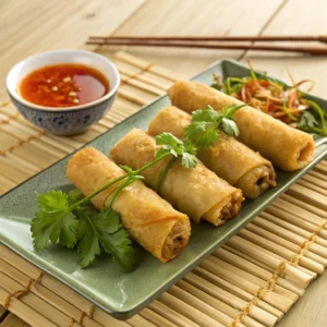 Golden chicken spring rolls served with sweet chili sauce.