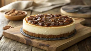 A whole pecan pie cheesecake with a golden crust, creamy filling, and glossy caramelized pecan topping, sitting on a wooden table