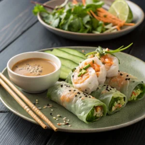 Shrimp spring rolls served with cucumber salad and peanut sauce