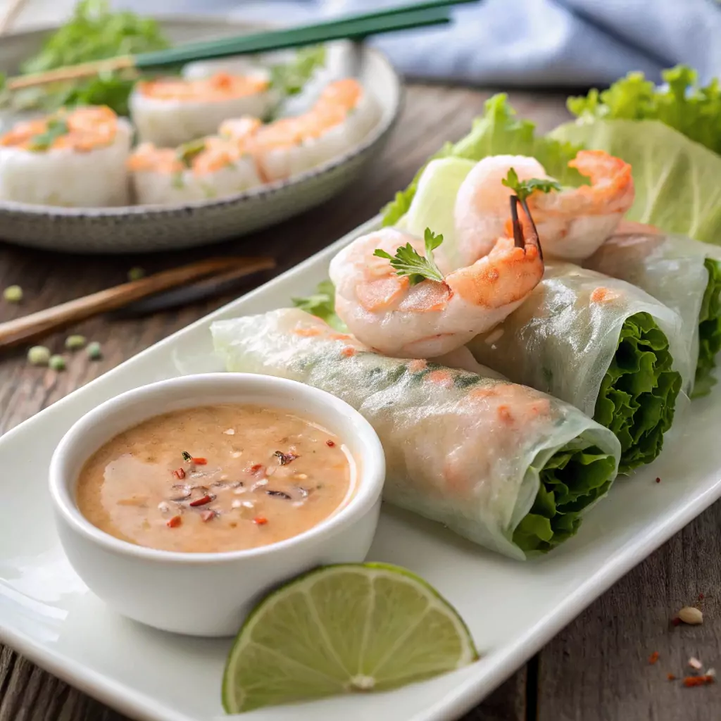 Fresh Vietnamese shrimp spring rolls with peanut sauce, served on a white plate with fresh herbs and lime wedges