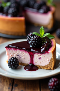 A luscious blackberry cheesecake with a creamy filling, vibrant blackberry topping, and a buttery graham cracker crust. 