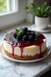 A luscious blackberry cheesecake with a creamy filling, vibrant blackberry topping, and a buttery graham cracker crust. 