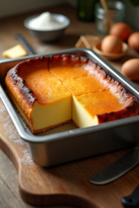 A rich and creamy Basque cheesecake baked in a loaf pan, featuring a caramelized top and smooth, custardy center. 