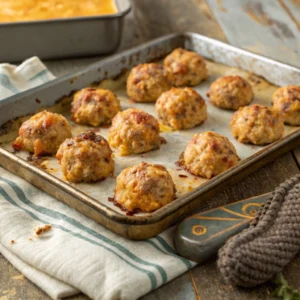 Freshly baked Rotel cream cheese sausage balls on a baking sheet straight out of the oven.