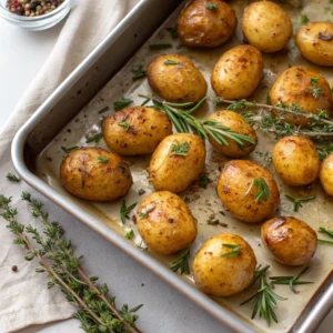 Roasted little potatoes garnished with rosemary and thyme on a baking sheet.