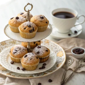 Mini chocolate chip muffins served on a decorative plate with powdered sugar and a cup of coffee