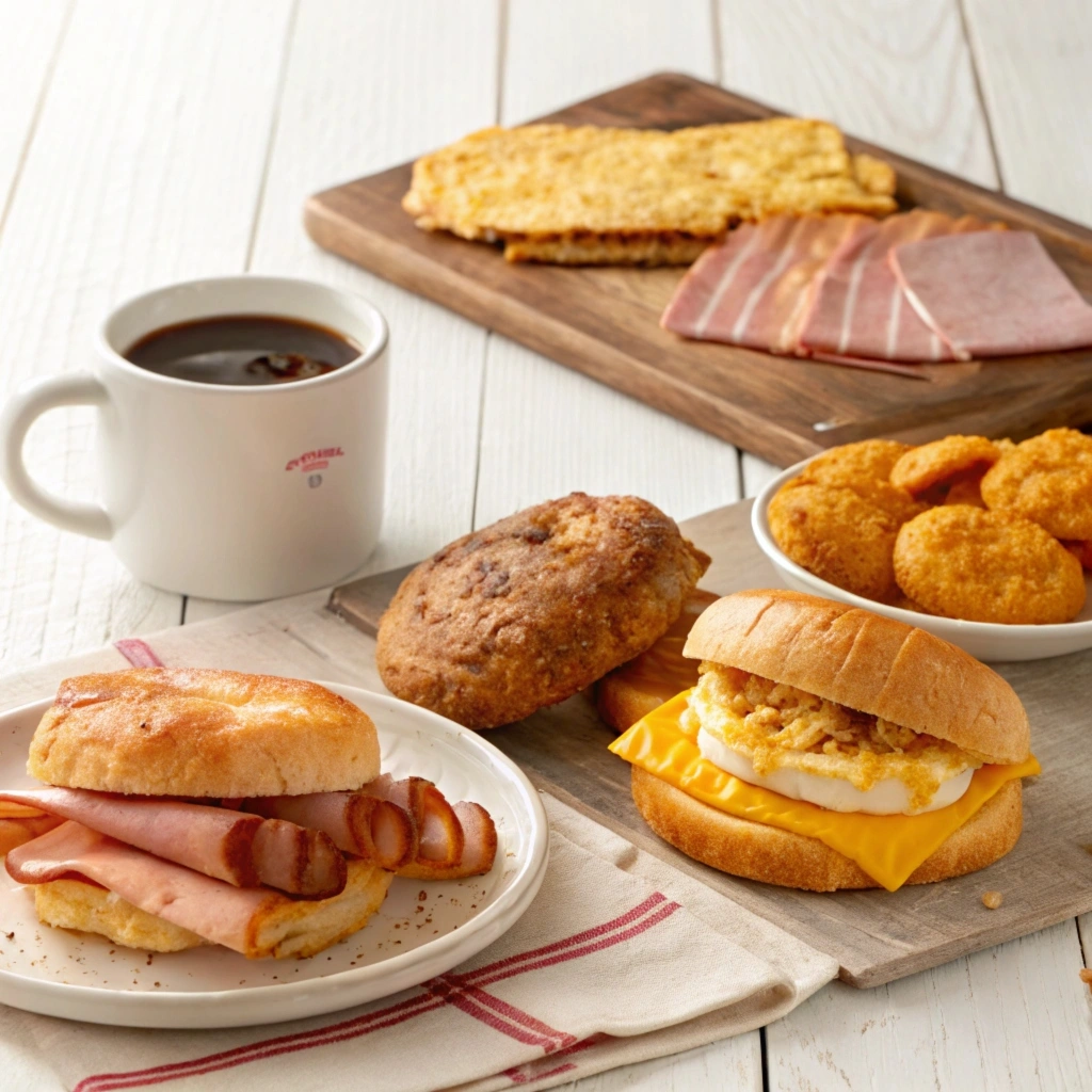 Arby’s breakfast items including a Ham, Egg, and Cheese Sourdough Sandwich, Sausage Biscuit, and hash browns with coffee.