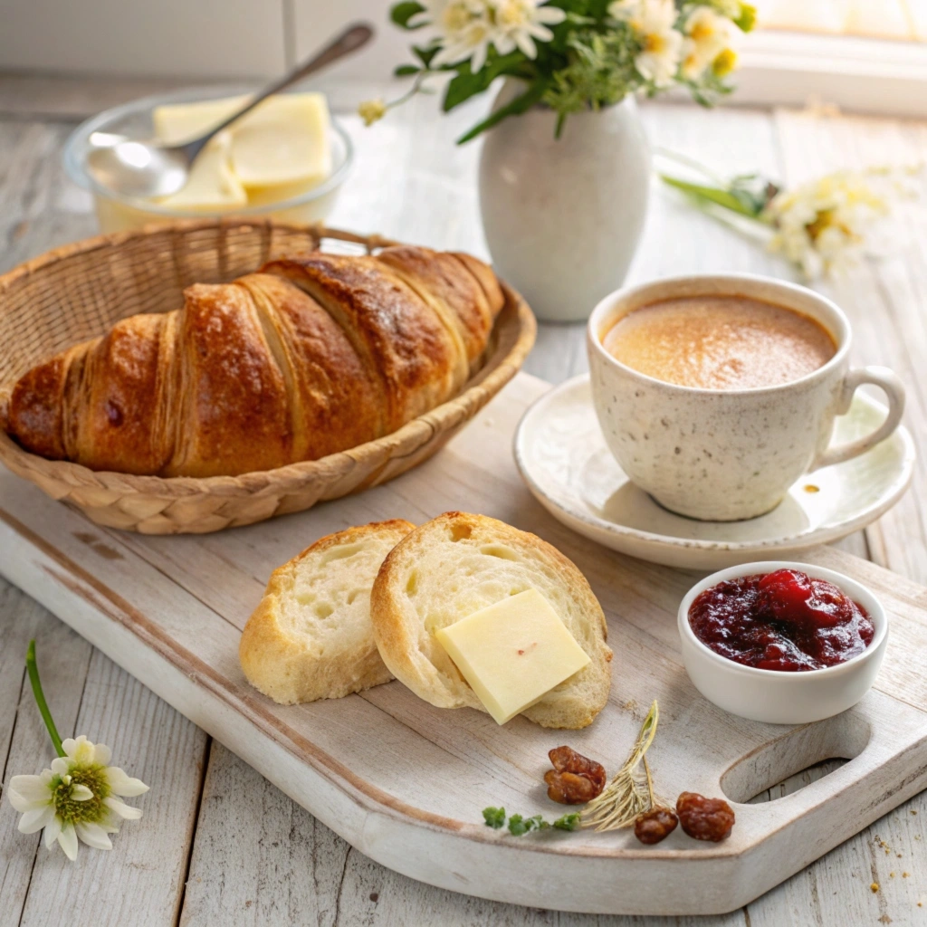 Traditional French breakfast with croissants, baguette, butter, jam, and café au lait on a rustic table