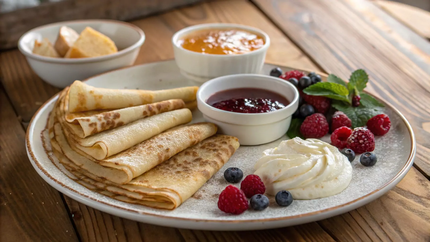 A beautifully arranged plate featuring three types of Russian pancakes—thin and delicate blini, fluffy golden oladyi, and creamy syrniki—served with sour cream, honey, jam, and fresh berries on a rustic wooden table. No human presence in the image.