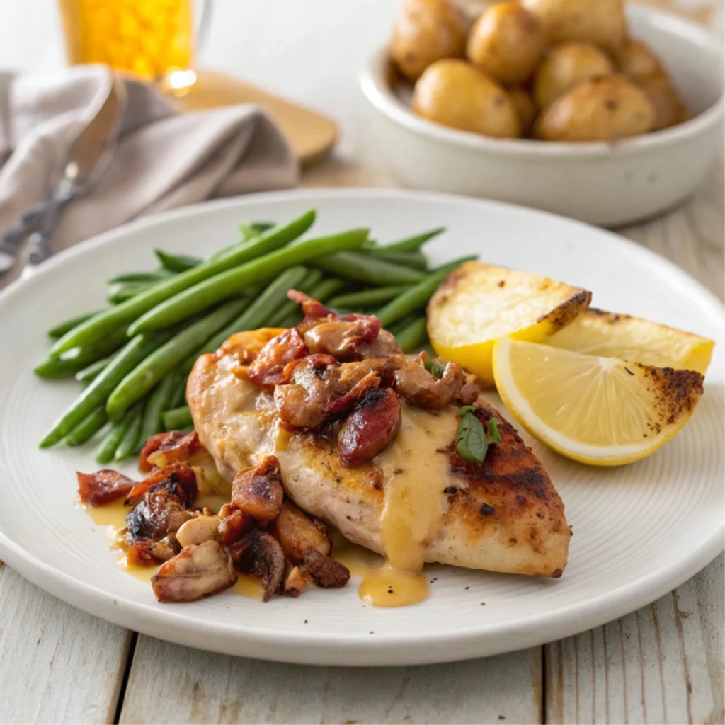 Alice Springs Chicken plated with melted cheese, crispy bacon, and mushrooms, served with green beans, roasted potatoes, and a lemon wedge