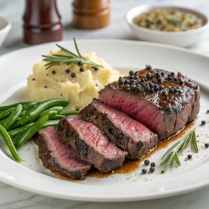 Plated black pepper Angus steak sliced with garnishes of rosemary, black pepper, and classic sides like mashed potatoes