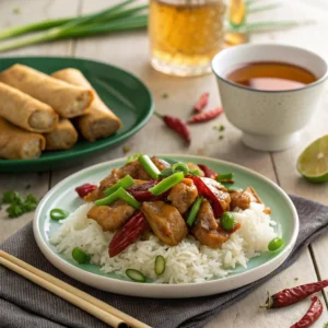 Hunan chicken served with jasmine rice, spring rolls, and green tea on a rustic table setting