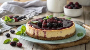 Blackberry cheesecake with fresh berries and a golden crust.