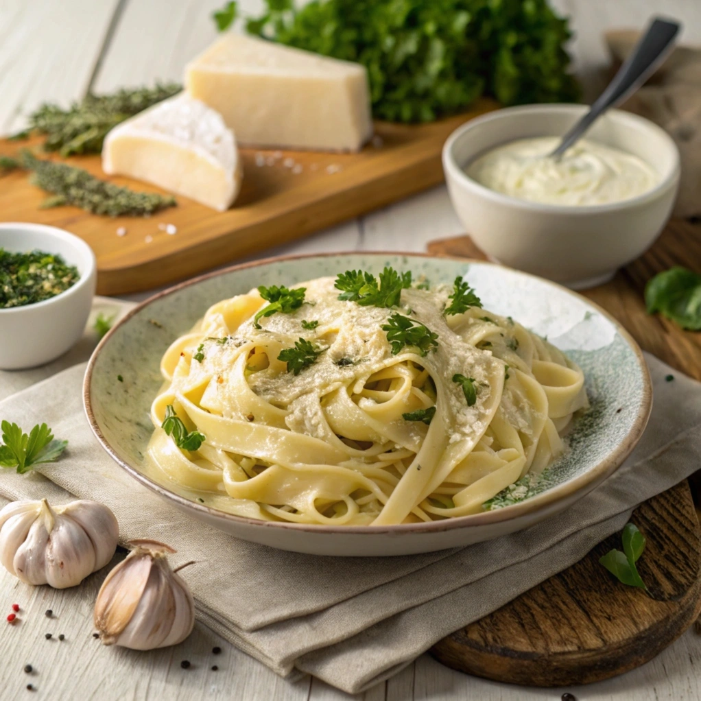 Creamy Fettuccine Alfredo garnished with Parmesan and parsley, surrounded by fresh Italian ingredients.