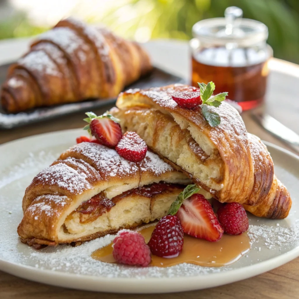 Flaky croissant French toast dusted with powdered sugar, topped with fresh berries and maple syrup, showing buttery layers.