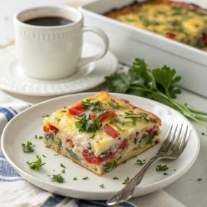 A serving of high-protein breakfast casserole garnished with herbs and served with coffee.