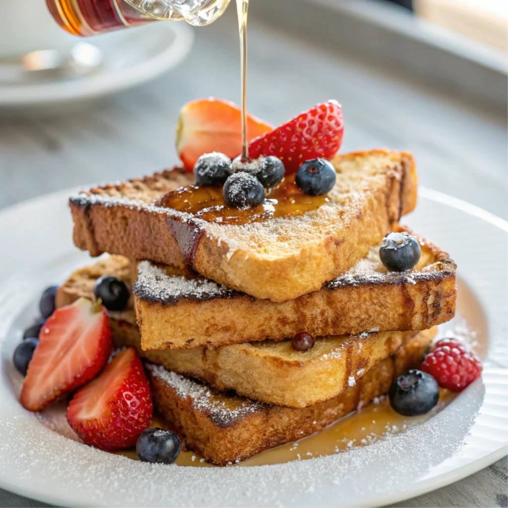 Golden sourdough French toast with berries, powdered sugar, and maple syrup on a white plate