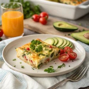 A plated slice of no egg breakfast casserole served with avocado and tomatoes.