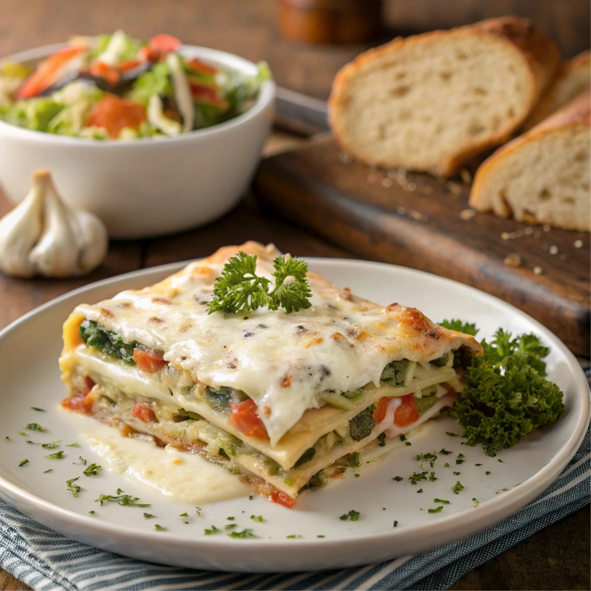 A slice of vegetable lasagna with white sauce on a plate, showing distinct layers of pasta, sautéed vegetables, creamy béchamel, and melted golden cheese, garnished with fresh parsley and served with a side of salad and garlic bread