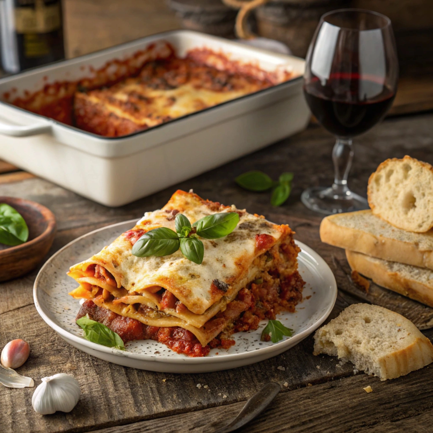 A freshly baked Ronzoni lasagna in a glass dish with a golden, cheesy top garnished with fresh basil