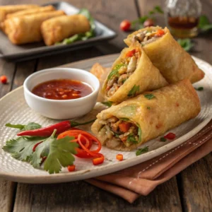 Spring roll filling typically includes shredded vegetables like cabbage, carrots, and bean sprouts, often with proteins like shrimp, pork, or tofu. 