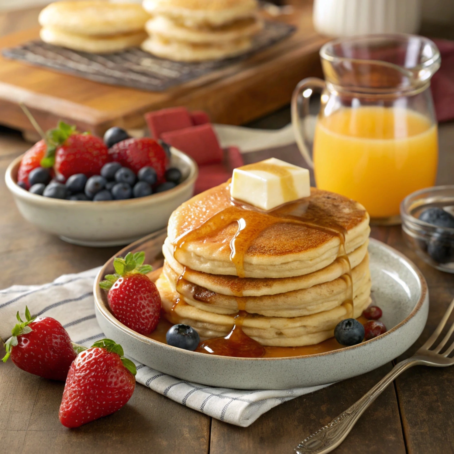 A plate of fluffy Cracker Barrel-style pancakes, golden-brown and topped with butter, served with syrup and fresh fruit.