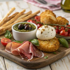 Charcuterie board with fried burrata, prosciutto, cherry tomatoes, olives, breadsticks, and pesto