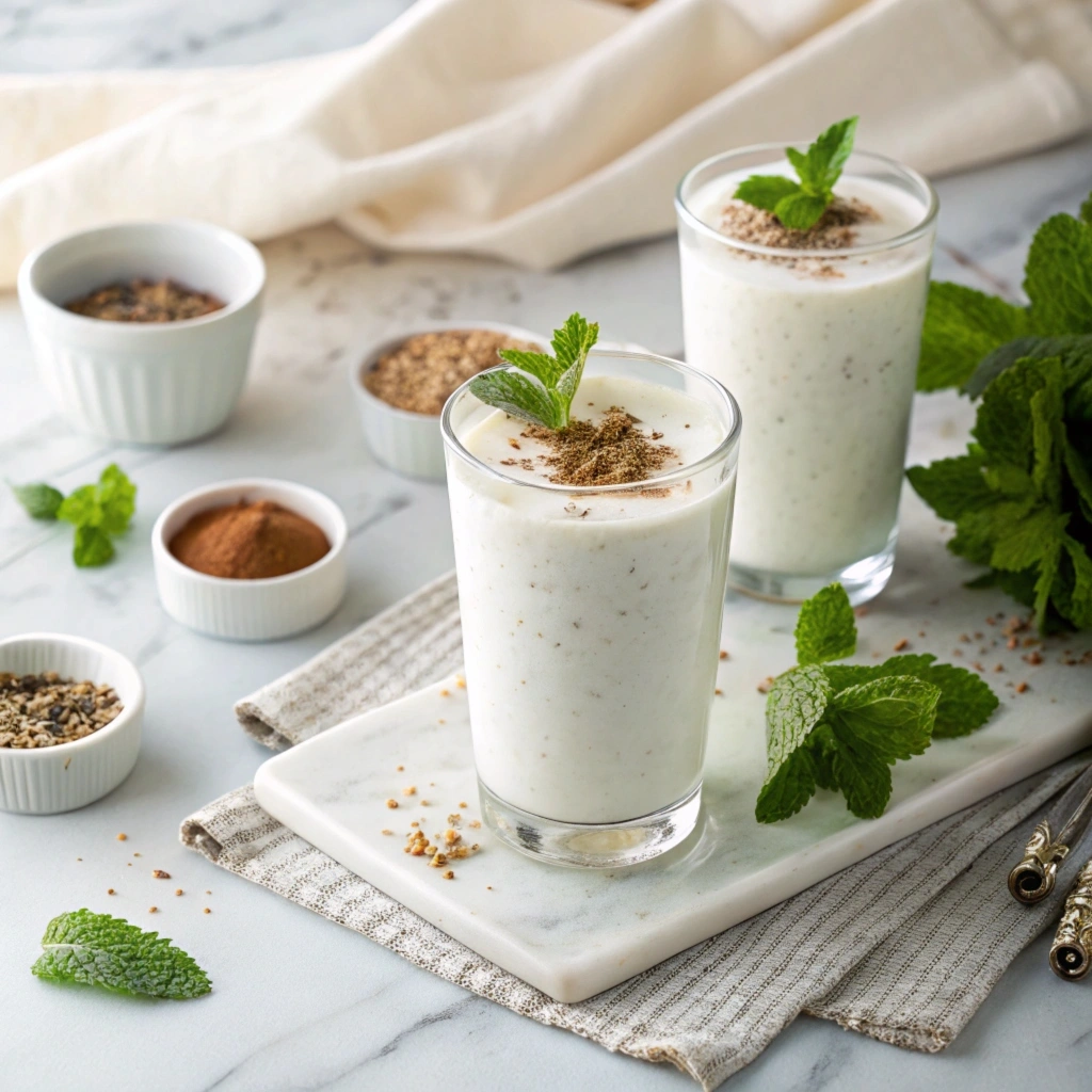 A frothy cold yogurt drink garnished with mint and cumin on a white marble surface, surrounded by yogurt and spices