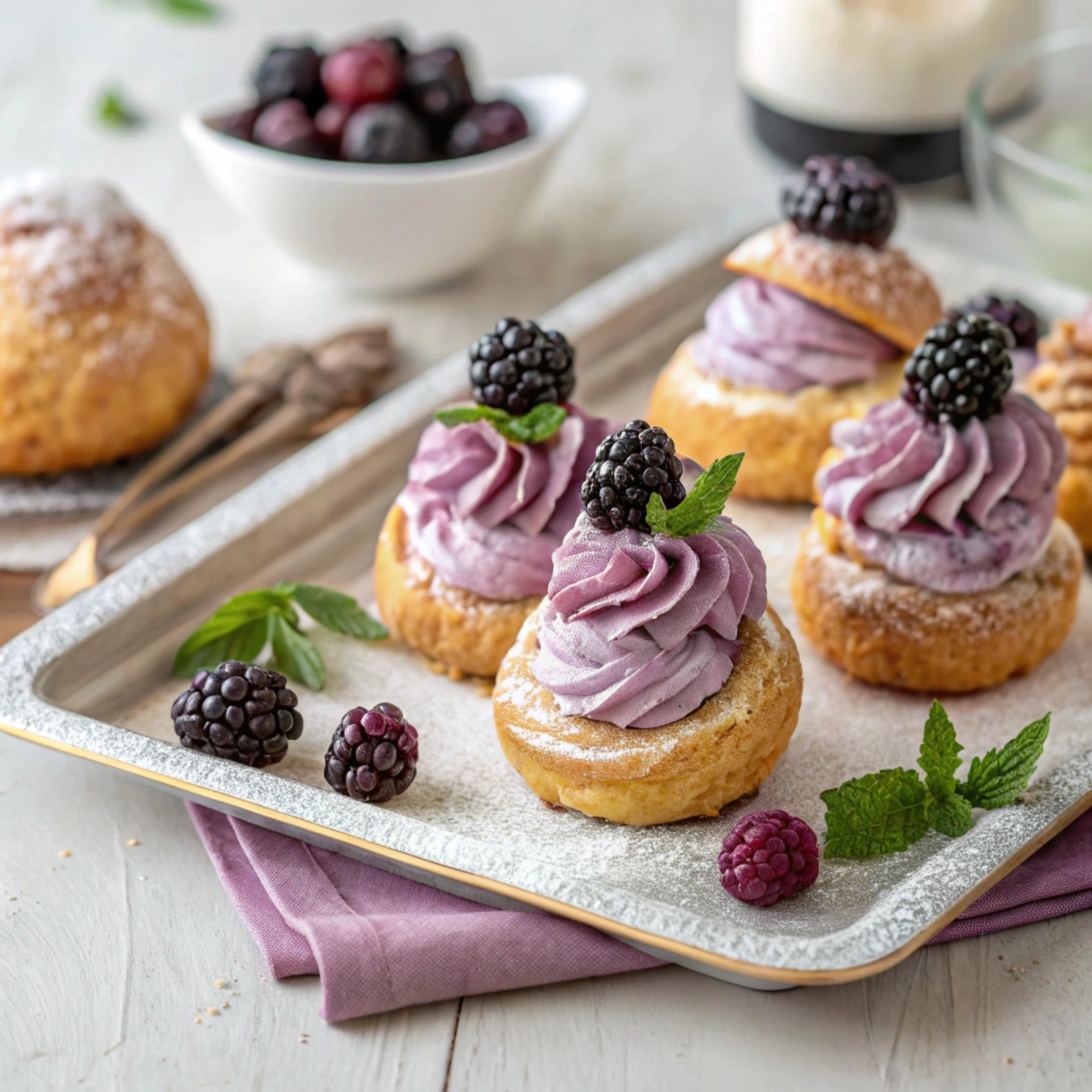 Golden blackberry cream puffs filled with whipped cream, garnished with blackberries and powdered sugar, on an elegant tray.