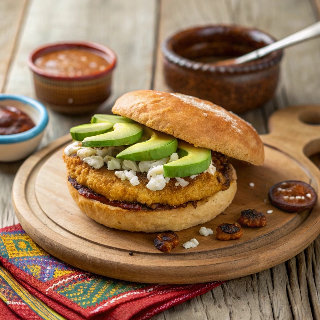 Oaxacan plantain sandwich served with traditional Oaxacan pottery and colorful decor on a rustic table