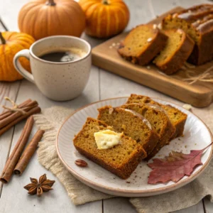 Slices of pumpkin banana bread served with butter and a cup of coffee, surrounded by fall decorations