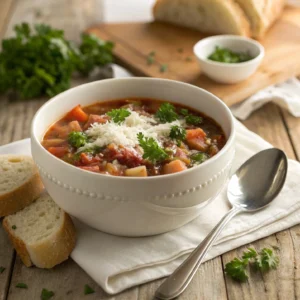 Busy Day Soup served with crusty bread and garnished with parsley and Parmesan cheese on a rustic table