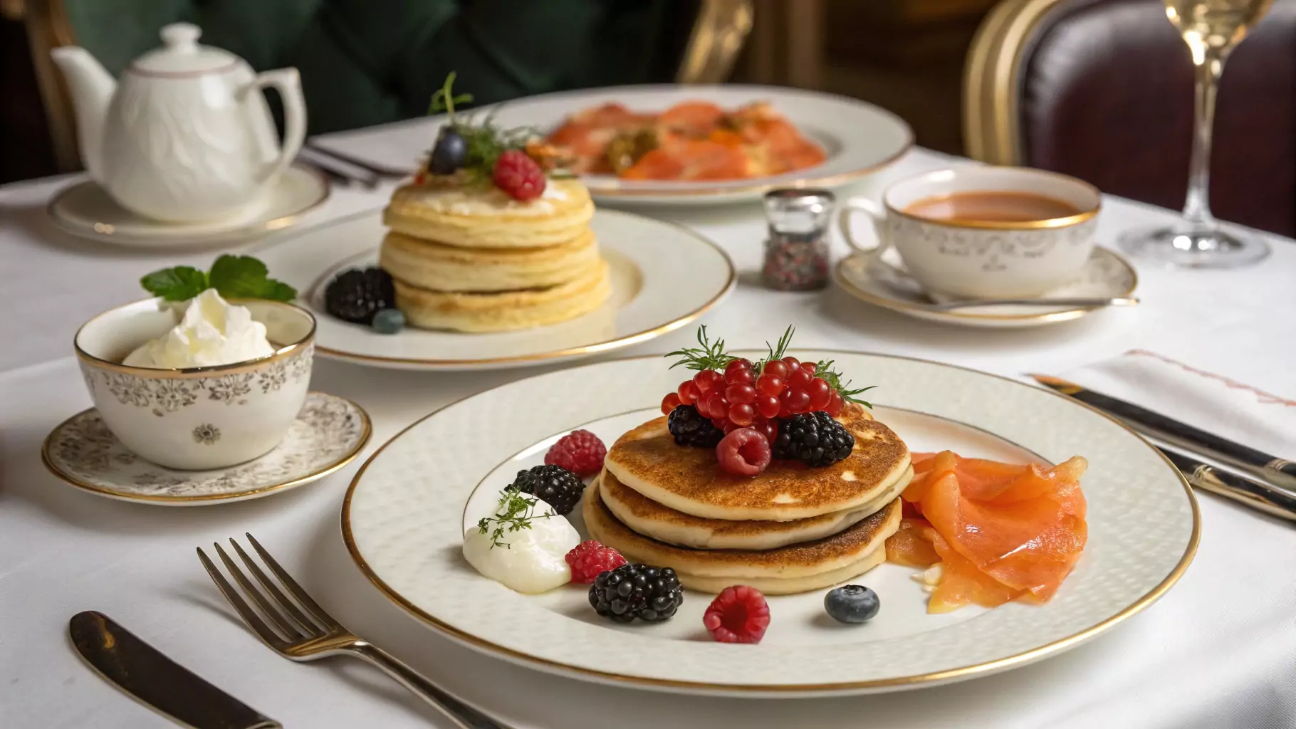 A beautifully styled breakfast table featuring blini, oladyi, and syrniki, each served with classic toppings like caviar, sour cream, jam, honey, and fresh berries