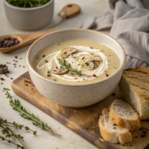 Creamy lion's mane mushroom soup garnished with thyme, cream, and served with rustic bread.
