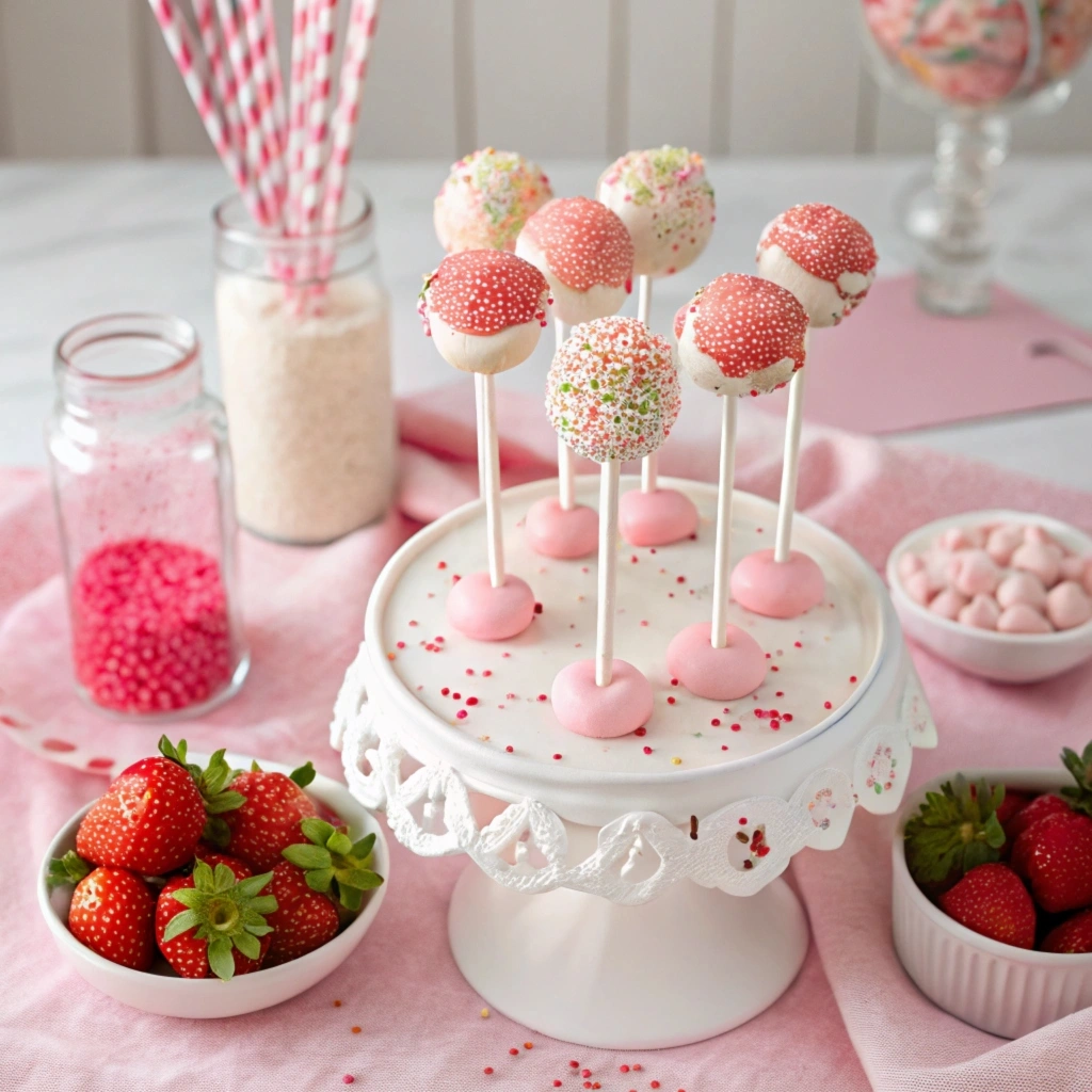 Festive dessert table featuring strawberry cake pops with pink candy coating, fresh strawberries, and decorative sprinkles in a bright, celebratory setting