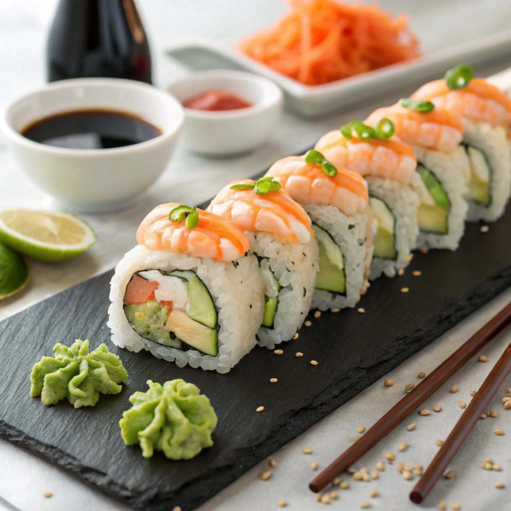 Boston roll sushi topped with masago, served with pickled ginger, wasabi, and soy sauce on a black plate