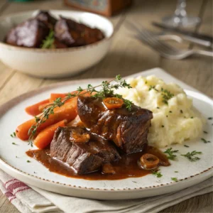 Braised boneless beef short ribs served with glossy red sauce, creamy mashed potatoes, roasted carrots, and fresh thyme garnish on a white plate