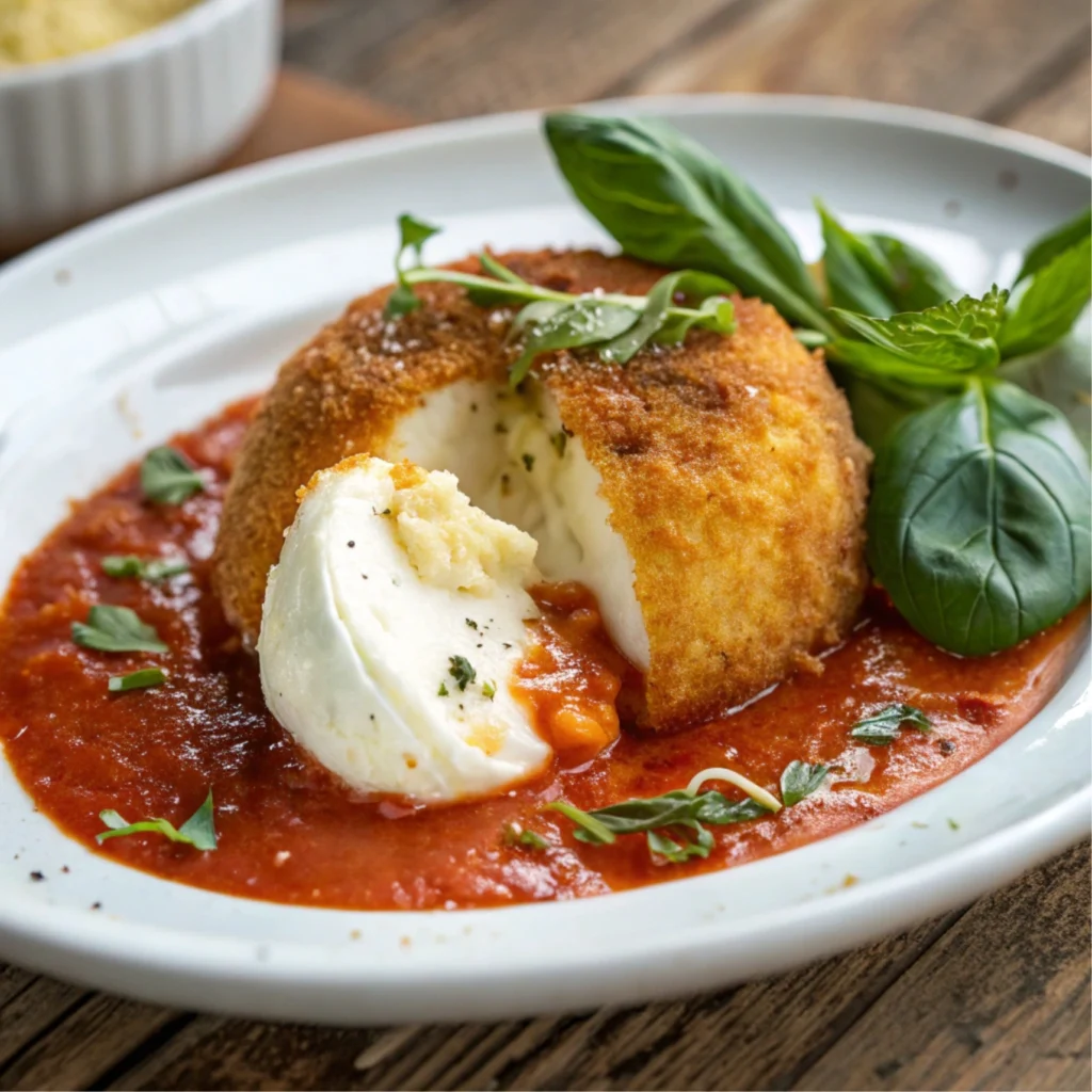 Close-up of crispy fried burrata served on tomato sauce with basil and Parmesan garnish