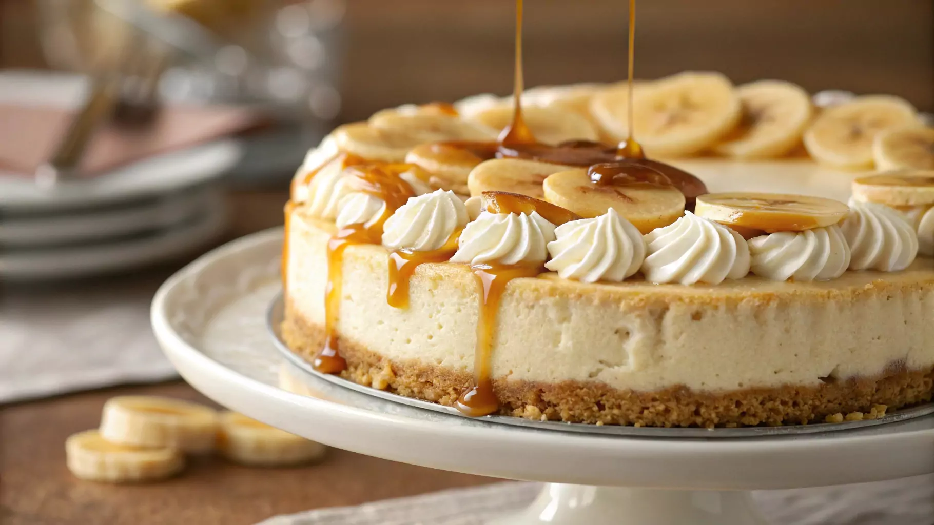 Drizzling Caramel Sauce Over a Whole Banana Pudding Cheesecake