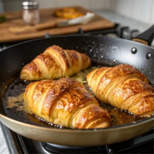 A close-up image of croissants frying in a non-stick skillet. The croissants are golden-brown and sizzling in melted butter, with visible flecks of cinnamon and custard caramelizing on the edges. The skillet is on a stovetop with a subtle kitchen background, creating a rustic, homemade cooking vibe